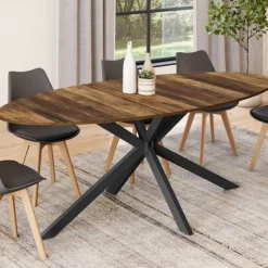 Table à manger ovale 10 personnes 200 cm pied araignée noir et plateau bois foncé
