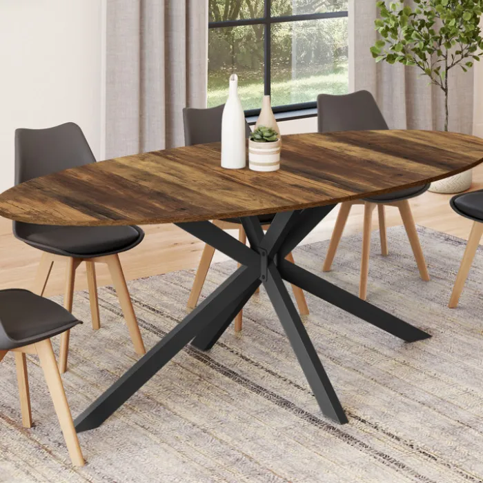 Table à manger ovale 10 personnes 200 cm pied araignée noir et plateau bois foncé