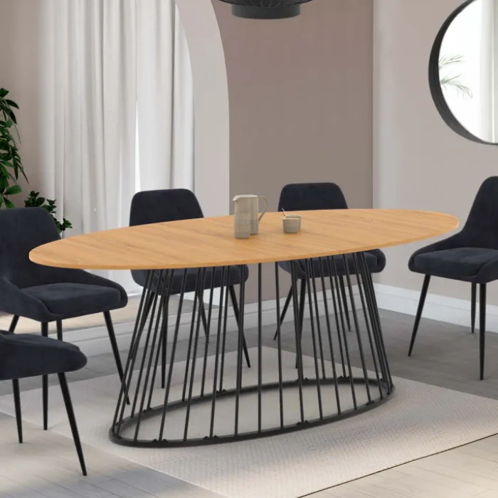 Table à manger ovale 10 personnes bois et métal noir