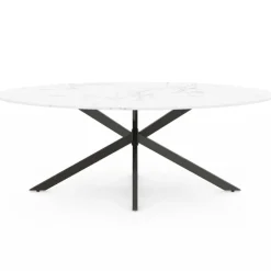 Table à manger ovale métal noir et plateau effet marbre blanc