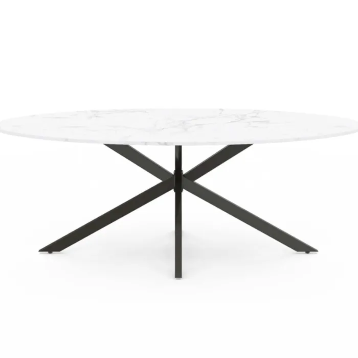 Table à manger ovale métal noir et plateau effet marbre blanc