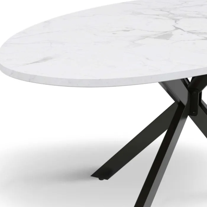 Table à manger ovale métal noir et plateau effet marbre blanc