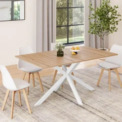 Table à manger pied central bois et blanc 8 personnes