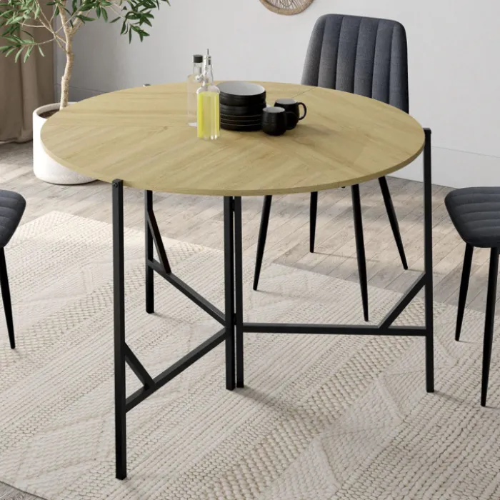 Table à manger pliante ronde 4 personnes 110 cm bois et noir style industriel