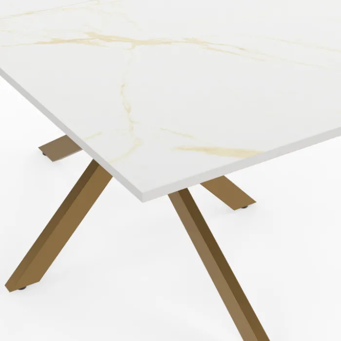 Table à manger rectangle 8 personnes avec pied araignée et plateau effet marbre