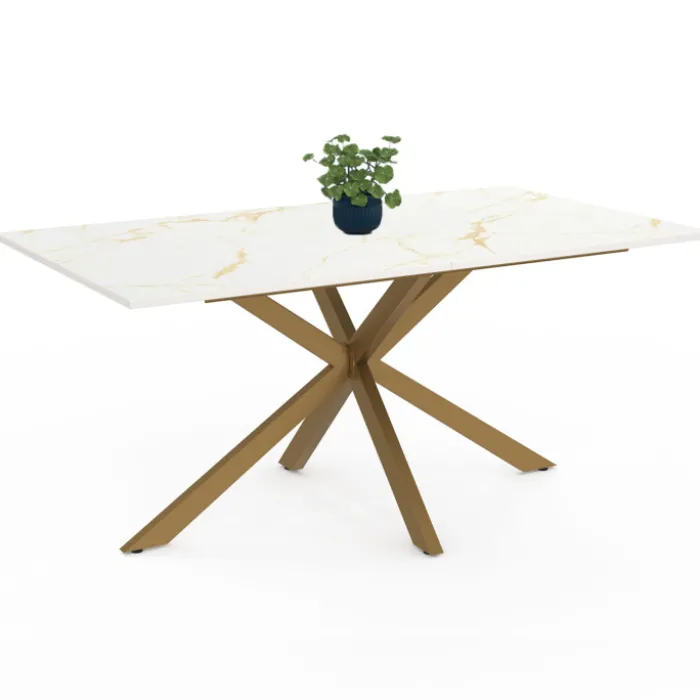 Table à manger rectangle 8 personnes avec pied araignée et plateau effet marbre