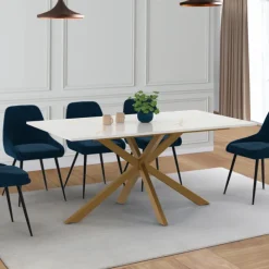 Table à manger rectangle 8 personnes avec pied araignée et plateau effet marbre