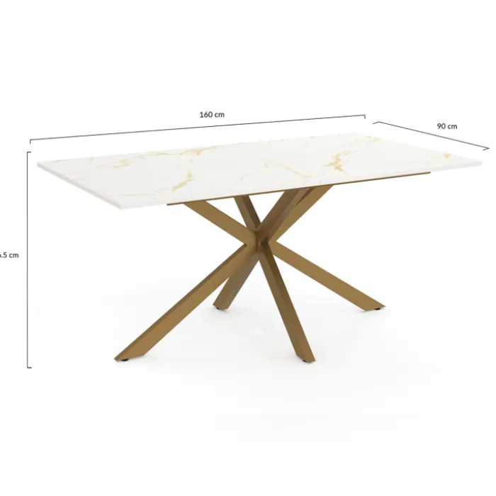Table à manger rectangle 8 personnes avec pied araignée et plateau effet marbre