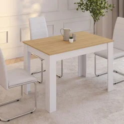 Table à manger rectangle blanche plateau façon hêtre 4 personnes