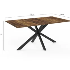 Table à manger rectangle plateau bois foncé 160 cm pied araignée noir 8 personnes