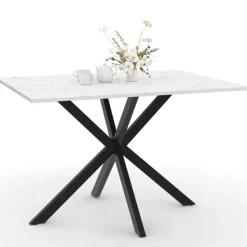 Table à manger rectangulaire effet marbre blanc pied araignée métal noir