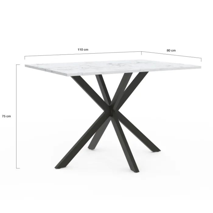 Table à manger rectangulaire effet marbre blanc pied araignée métal noir