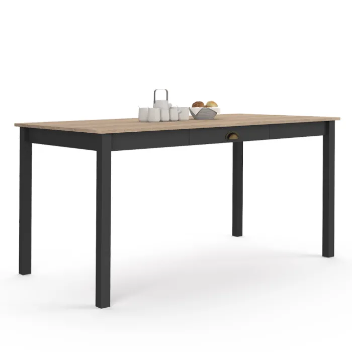 Table à manger rectangulaire bois et noir avec tiroir