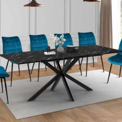 Table à manger rectangulaire extensible métal et effet marbre noir 160-200 cm