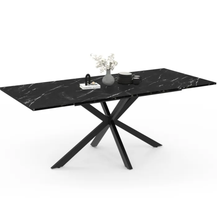 Table à manger rectangulaire extensible métal et effet marbre noir 160-200 cm