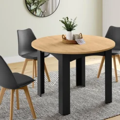Table à manger ronde 110 cm 4-6 personnes noire plateau façon hêtre