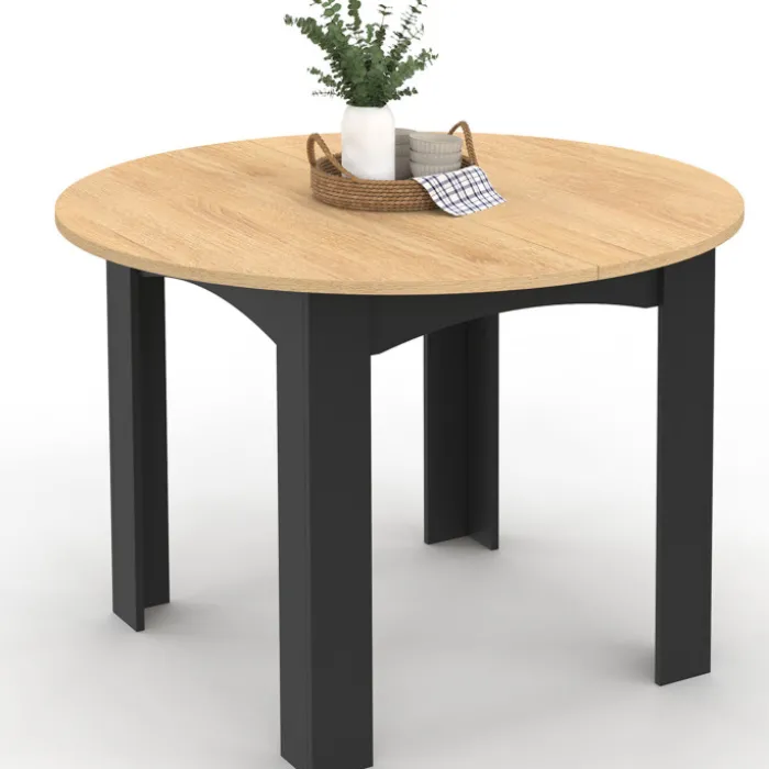 Table à manger ronde 110 cm 4-6 personnes noire plateau façon hêtre
