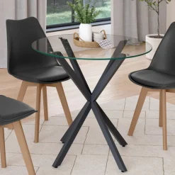Table à manger ronde 80 cm 4 personnes pied araignée noir et plateau verre