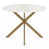 Table à manger ronde 110 cm 6 personnes avec plateau effet marbre doré et pied araignée en laiton
