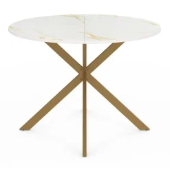 Table à manger ronde 110 cm 6 personnes avec plateau effet marbre doré et pied araignée en laiton