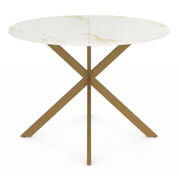 Table à manger ronde 110 cm 6 personnes avec plateau effet marbre doré et pied araignée en laiton