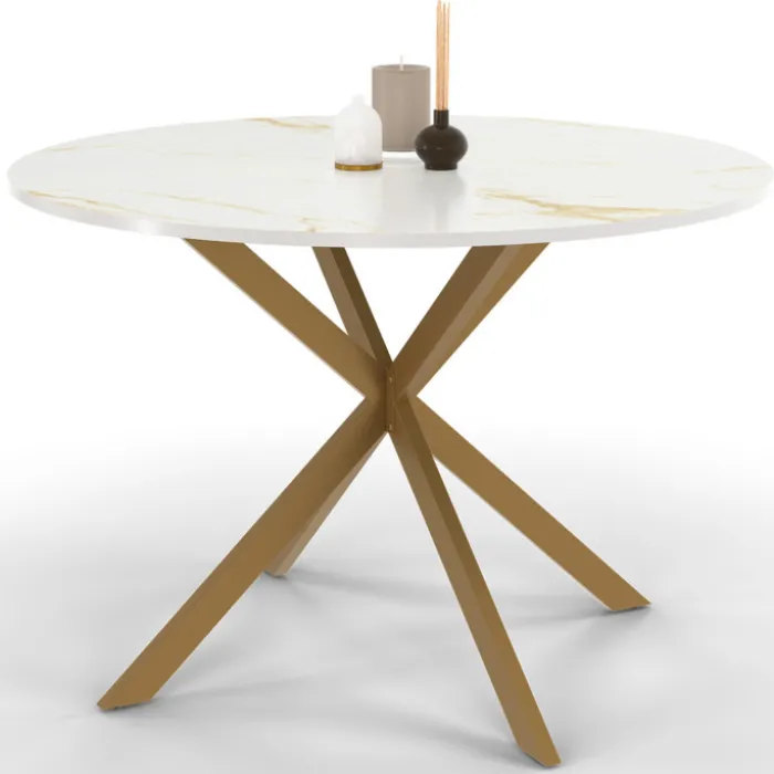 Table à manger ronde 110 cm 6 personnes avec plateau effet marbre doré et pied araignée en laiton