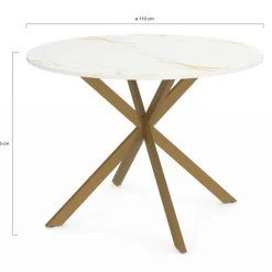 Table à manger ronde 110 cm 6 personnes avec plateau effet marbre doré et pied araignée en laiton