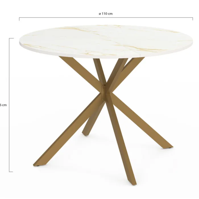 Table à manger ronde 110 cm 6 personnes avec plateau effet marbre doré et pied araignée en laiton