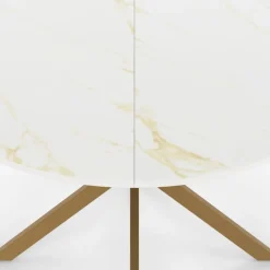 Table à manger ronde 110 cm 6 personnes avec plateau effet marbre doré et pied araignée en laiton