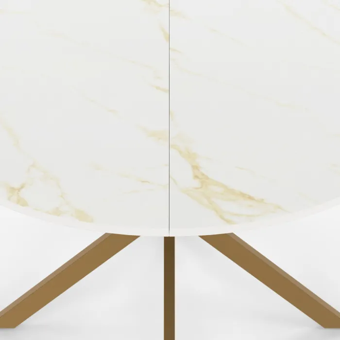 Table à manger ronde 110 cm 6 personnes avec plateau effet marbre doré et pied araignée en laiton