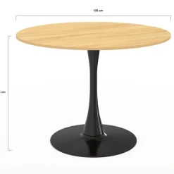 Table à manger ronde 100 cm bois et noir 4 personnes pied tulipe