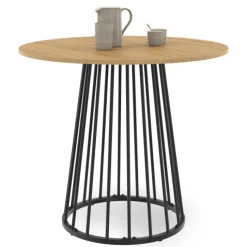 Table à manger ronde 4 personnes plateau bois et pied en métal noir 80 cm
