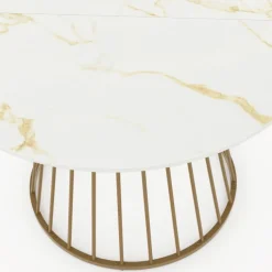 Table à manger ronde 6 personnes pied filaire laiton et plateau effet marbre blanc 110 cm