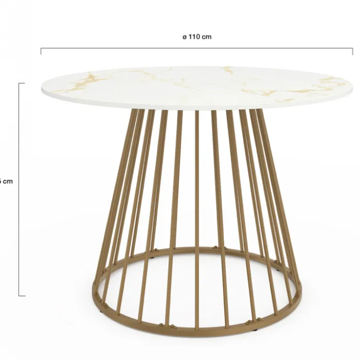 Table à manger ronde 6 personnes pied filaire laiton et plateau effet marbre blanc 110 cm