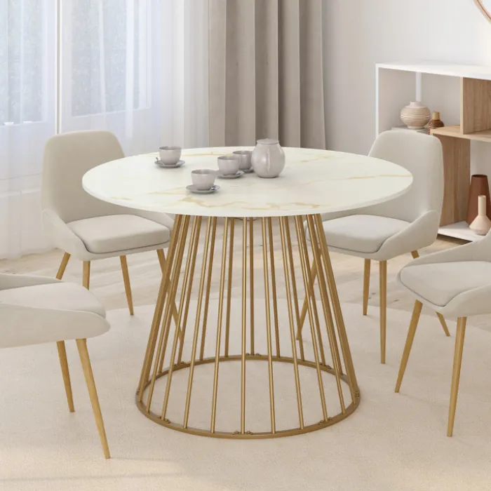 Table à manger ronde 6 personnes pied filaire laiton et plateau effet marbre blanc 110 cm