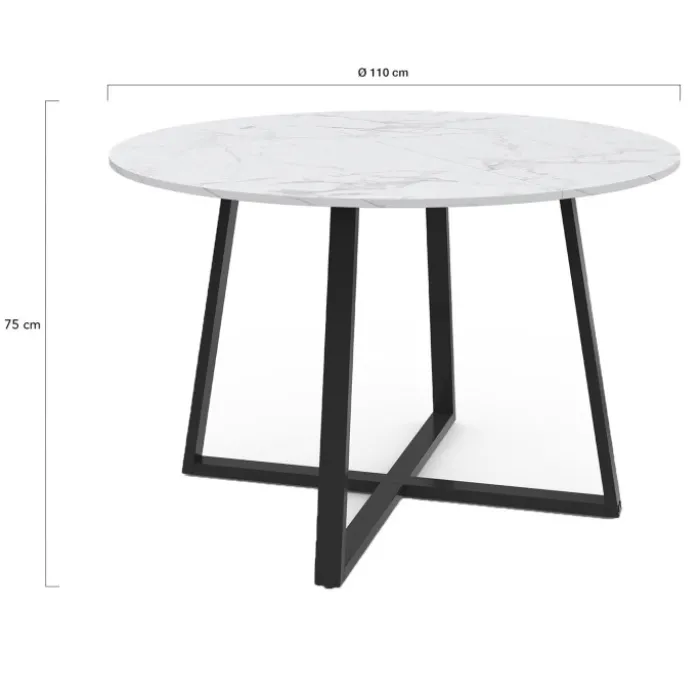 Table à manger ronde 4-6 personnes 110 cm effet marbre blanc et noir