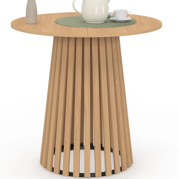 Table à manger ronde 4 personnes pied bois en lattes et plateau bois 80 cm