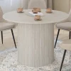 Table à manger ronde 6 personnes pied central effet lattes façon travertin 110 cm