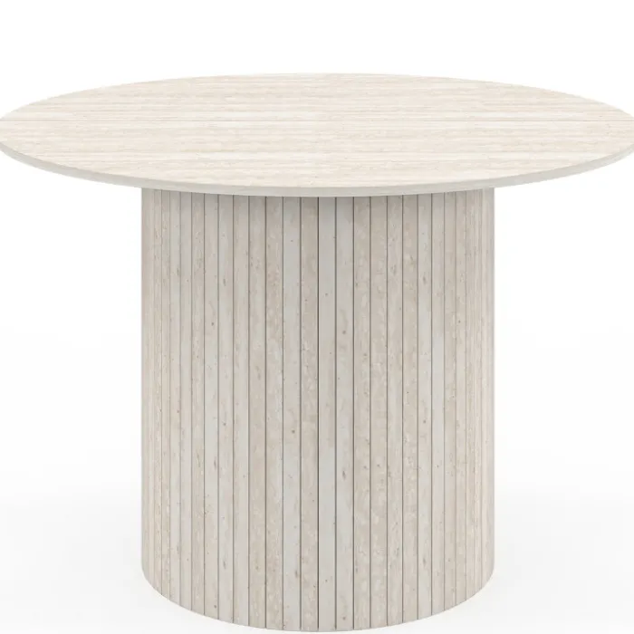 Table à manger ronde 6 personnes pied central effet lattes façon travertin 110 cm