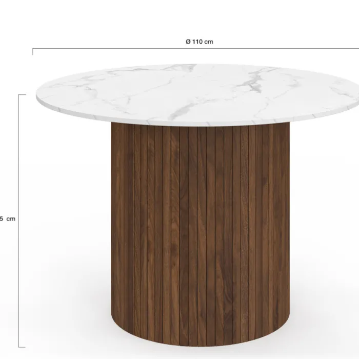 Table à manger ronde 6 personnes pied central effet lattes noyer et plateau effet marbre blanc ALASKA 110 cm