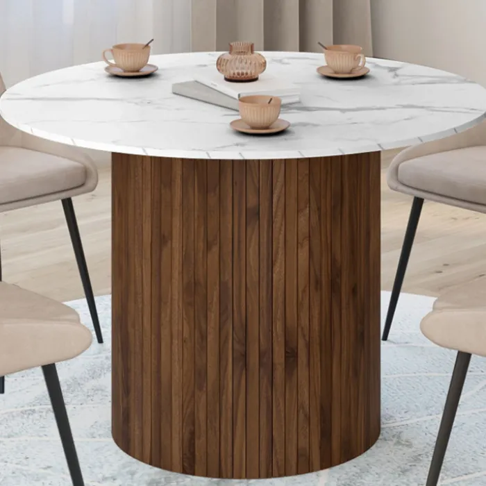 Table à manger ronde 6 personnes pied central effet lattes noyer et plateau effet marbre blanc ALASKA 110 cm