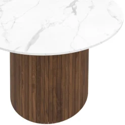 Table à manger ronde 6 personnes pied central effet lattes noyer et plateau effet marbre blanc ALASKA 110 cm