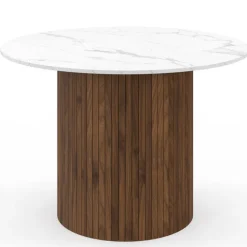 Table à manger ronde 6 personnes pied central effet lattes noyer et plateau effet marbre blanc ALASKA 110 cm