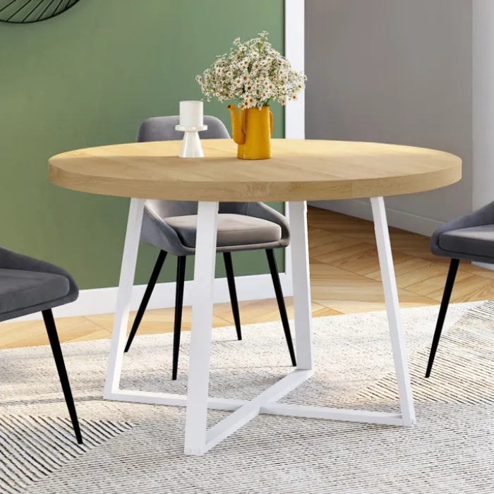 Table à manger ronde 4-6 personnes bois et blanc 110-150 cm