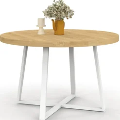 Table à manger ronde 4-6 personnes bois et blanc 110-150 cm