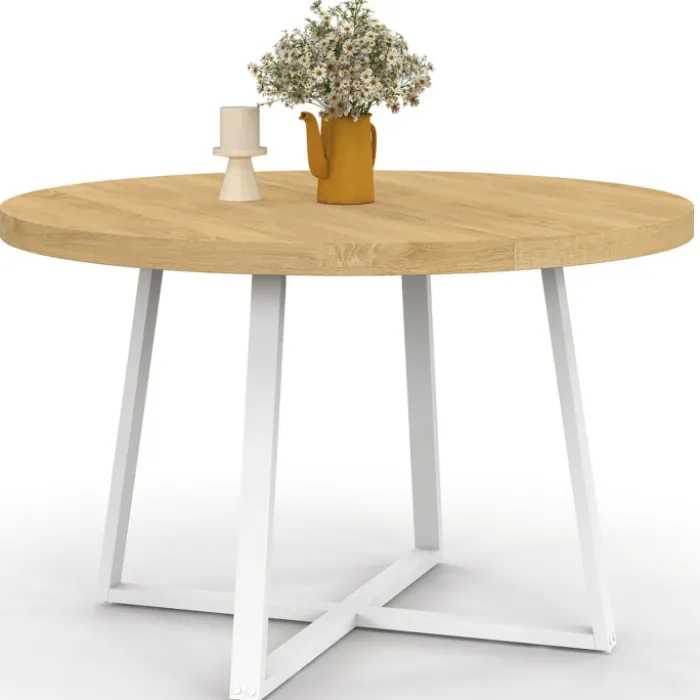 Table à manger ronde 4-6 personnes bois et blanc 110-150 cm