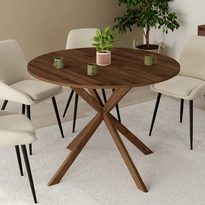 Table à manger ronde ALIX 6 personnes pied araignée noyer 110 cm