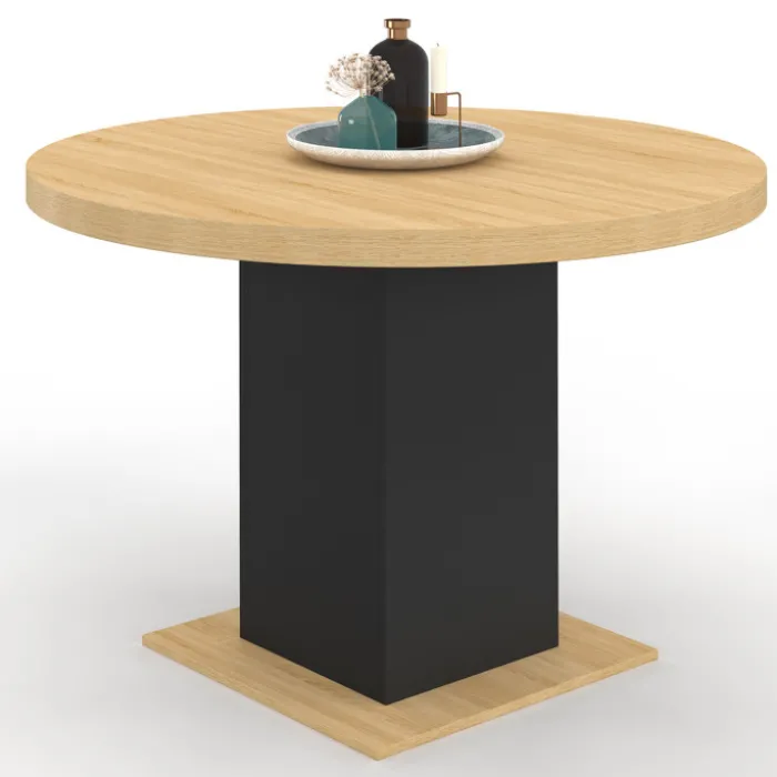 Table à manger ronde bois et noir 6 personnes