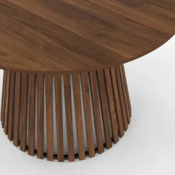 Table à manger ronde CARMEN 6 personnes pied noyer en lattes et plateau noyer 110 cm