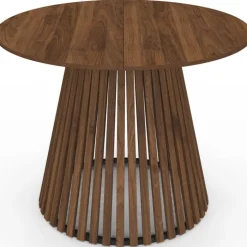 Table à manger ronde CARMEN 6 personnes pied noyer en lattes et plateau noyer 110 cm